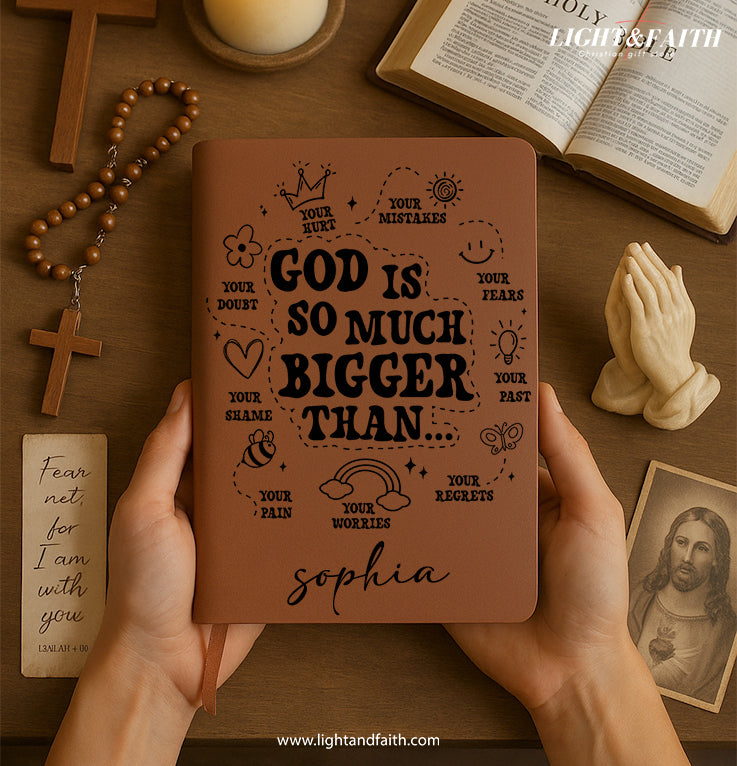 Personalized Christian Journal with "God is so much bigger than..", Custom Name Prayer & Faith Notebook, Religious Gift, First Communion Gifts, Birthday. NBLAF53